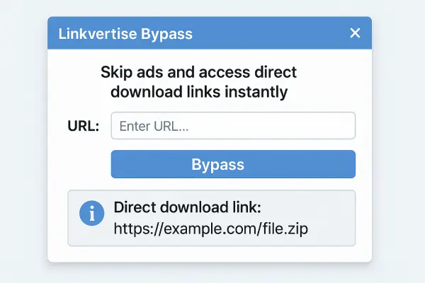 Linkvertise bypass tool interface showing how to skip ads and access direct download links instantly
